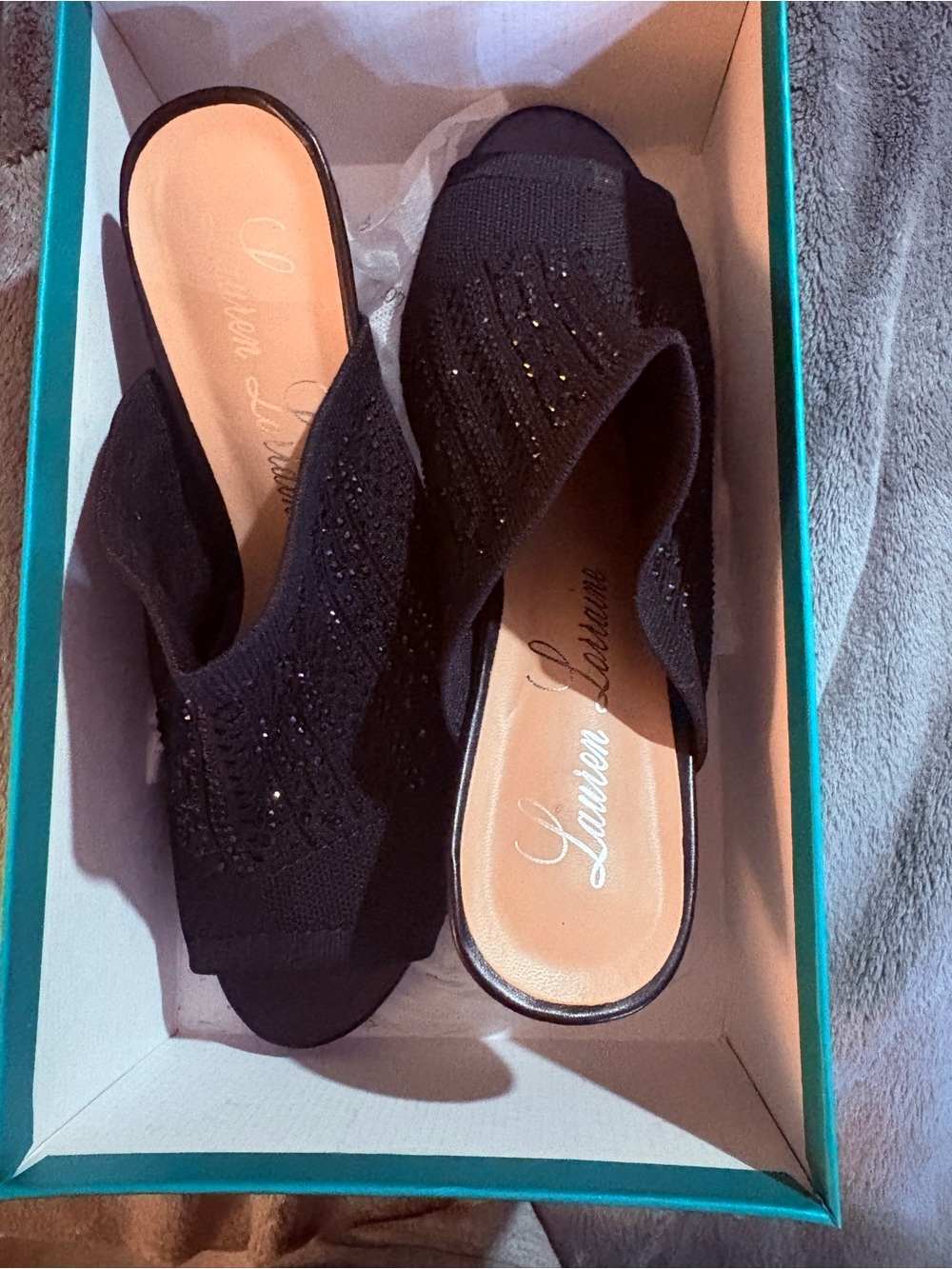 Lauren Lorraine Black Knit Peep-Toe Slip-On Mules with Sparkle